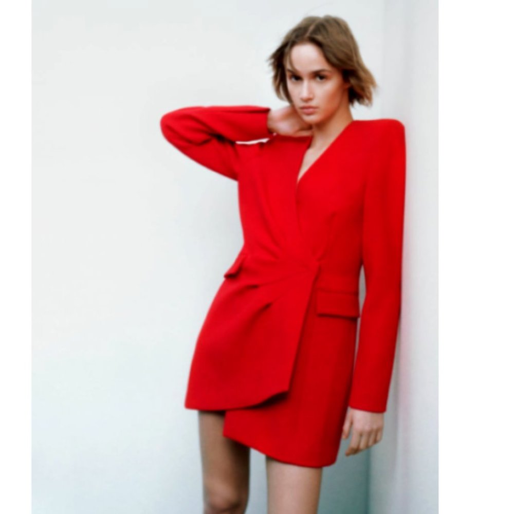 ZARA NEW WOMAN ASYMMETRIC DRAPED BLAZER DRESS RED XS S 2827/522
